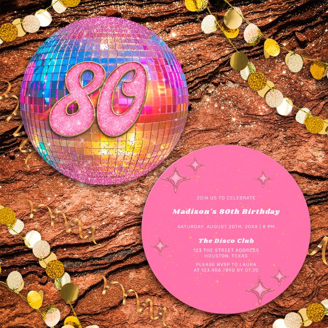 Convites Bola de Disco Rosa Dourada com Festa de aniversári (Front/Back)
