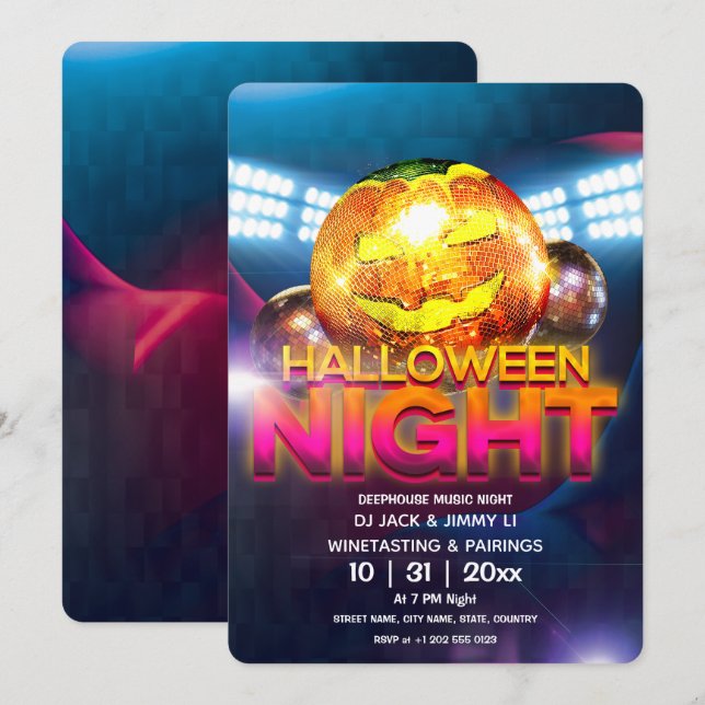 Convites Bola de Discoteca Abóbora de Halloween (Frente/Verso)