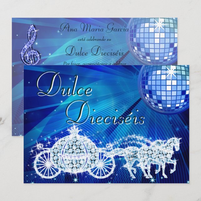 Convites Bola de Discoteca Azul, Carruagem Princesa & Caval (Frente/Verso)