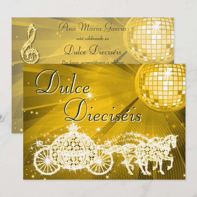 Convites Bola de Discoteca Dourada, Carruagem da Princesa & (Frente/Verso)