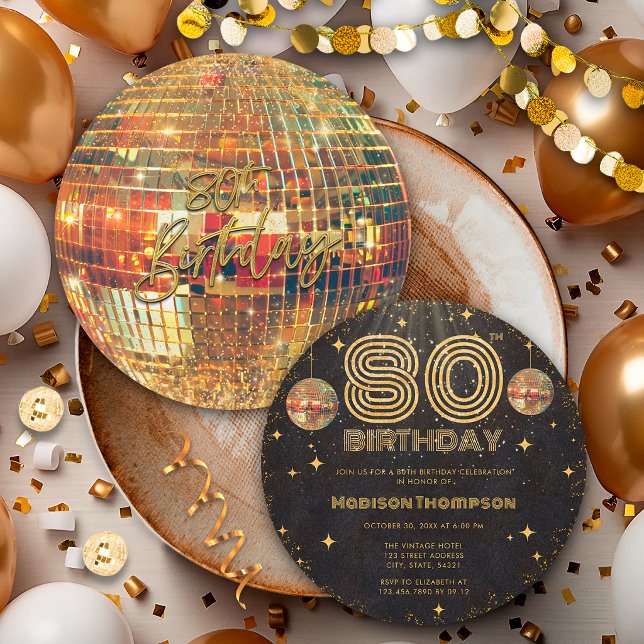 Convites Bola de Discoteca Dourada de Ouro Preto Aniversári (Criador carregado)