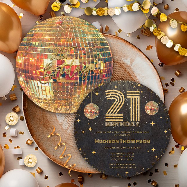 Convites Bola de Discoteca Dourada de Ouro Preto Aniversári (Criador carregado)