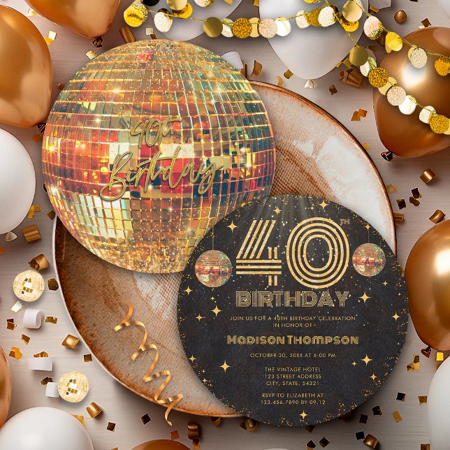 Convites Bola de Discoteca Dourada de Ouro Preto Aniversári (Criador carregado)