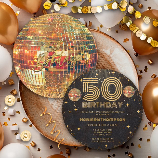 Convites Bola de Discoteca Dourada Ouro Preto Aniversário d (Criador carregado)