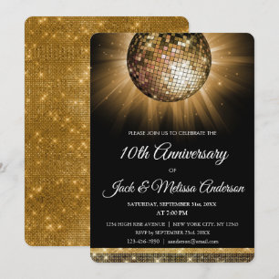 Convites Bola de Discoteca Dourada para Festa de 10º Aniver