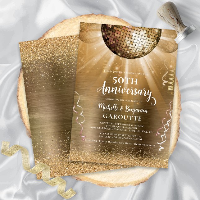 Convites Bola de Discoteca Glam Ouro Aniversário de 50 anos (Gold Glam Disco Ball 50th Wedding Anniversary Invitation)