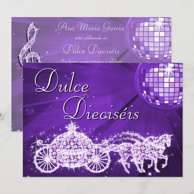 Convites Bola de Discoteca Lilás, Carruagem de Princesa & C (Frente/Verso)