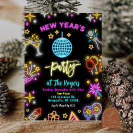 Convites Bola de Discoteca Neon Festa de Ano Novo
