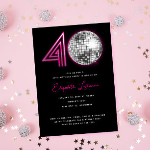 Convites Bola de Discoteca Neon Preto Rosa Quarenta 40º Ani