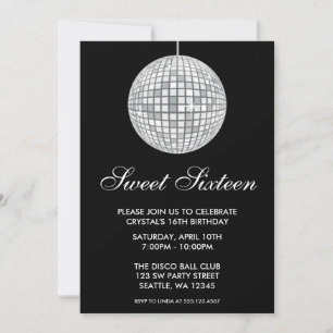 Convites Bola de Discoteca Prata e Preto Aniversário de Swe