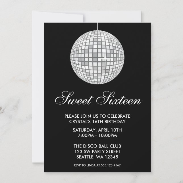 Convites Bola de Discoteca Prata e Preto Aniversário de Swe (Frente)