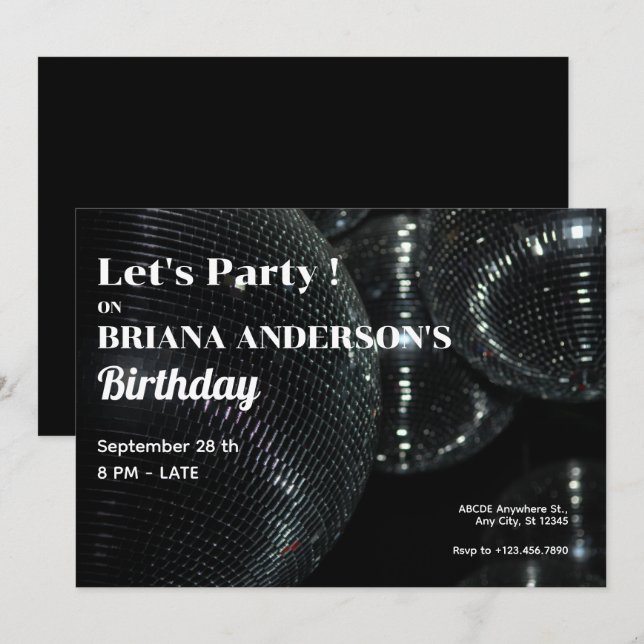 Convites Bola de Discoteca Preta (Frente/Verso)