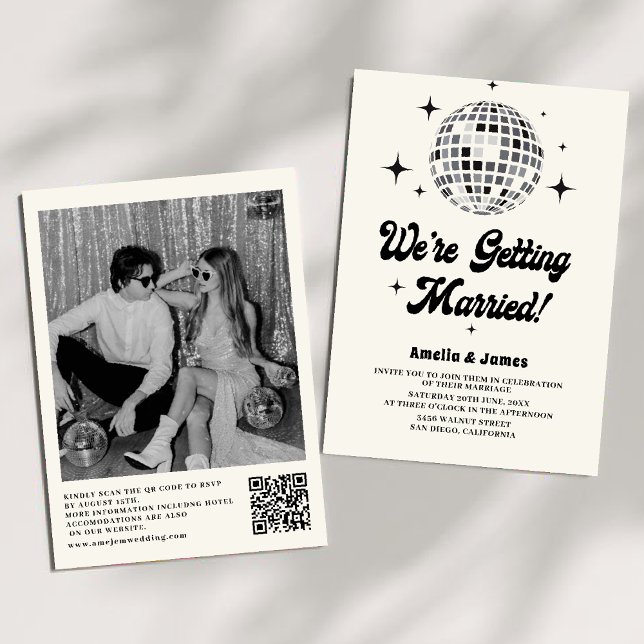 Convites Bola de Discoteca Retro Preto e Branco Código QR C (Criador carregado)