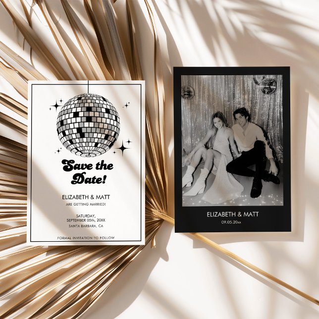 Convites Bola de Discoteca Retro Salvar a Data Preto Branco (disco ball save the date, retro wedding invitation, black and white wedding, modern retro wedding, s)