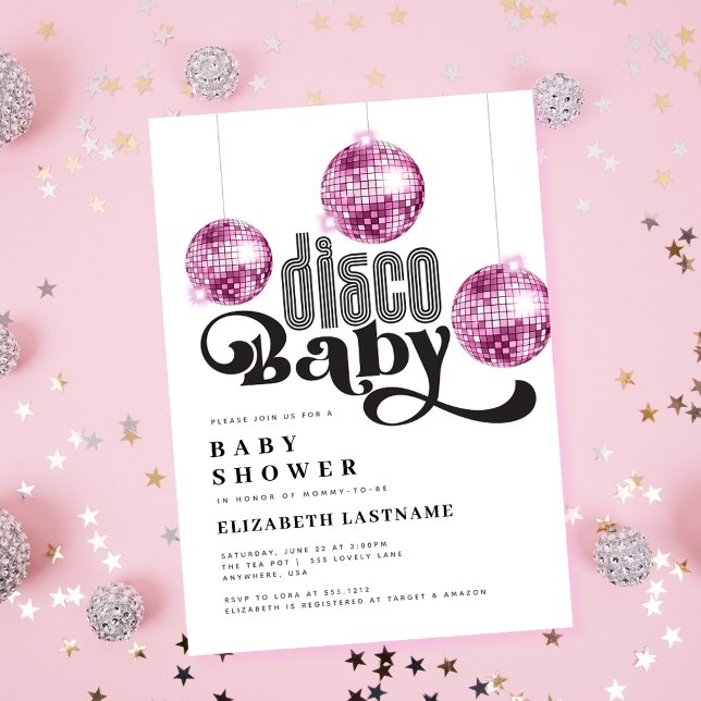 Convites Bola de Discoteca Rosa Churrasco de Baby Shower Re (Criador carregado)