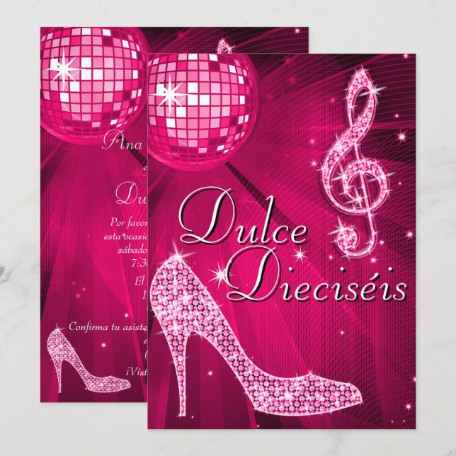 Convites Bola de Discoteca Rosa Espanhola & Saltos de Brilh (Frente/Verso)