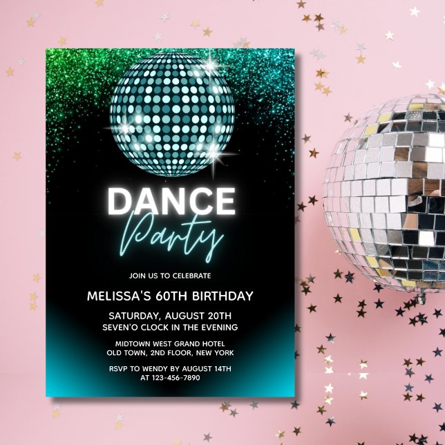 Convites Bola de Discoteca Turquesa Brilho Festa de Anivers (Criador carregado)