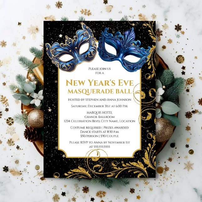 Convites Bola de Mascarada de Ano Novo Azul Dourada (Set the tone for a memorable NYE celebration by inviting your guests with this elegant invitation.)