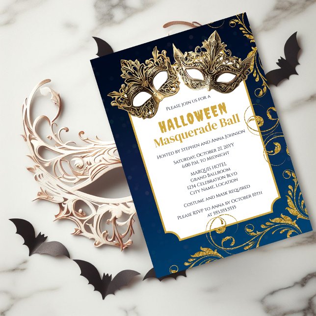 Convites Bola de Mascarada de Halloween (Halloween masquerade ball invitation front view.)