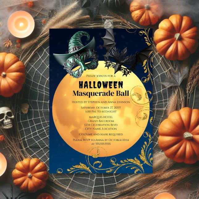 Convites Bola de Mascarada de lua cheia do Halloween (Halloween masquerade ball invitation with blue bokeh background and full moon.  Front of invite.)