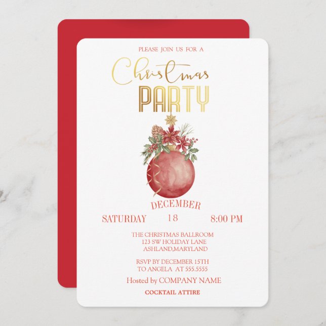 Convites Bola de Natal Vermelha, Natal de Poinsettia (Frente/Verso)