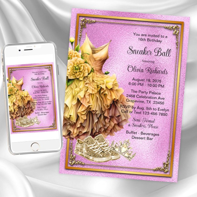 Convites Bola de Sneaker Dourada Rosa (Pink gold sneaker ball invitations. Instant downloads and printed invitations are available.)