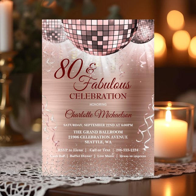 Convites Bola Disco de Aniversário do Glam 80 de Glam Doura (Rose Gold Glitter Glam 80th Birthday Disco Ball Invitation)