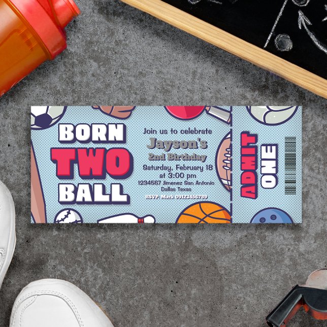 Convites Bola do nascer 2 - Bilhete do segundo aniversário (Born Two Ball - 2nd Birthday Boy Ticket Invitation - Sports Themed)