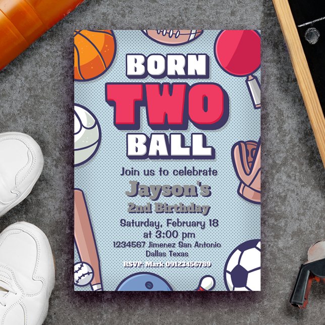 Convites Bola do nascer dois - segundo aniversário (Born Two Ball - 2nd Birthday - Sports Themed - Boy Invitation)