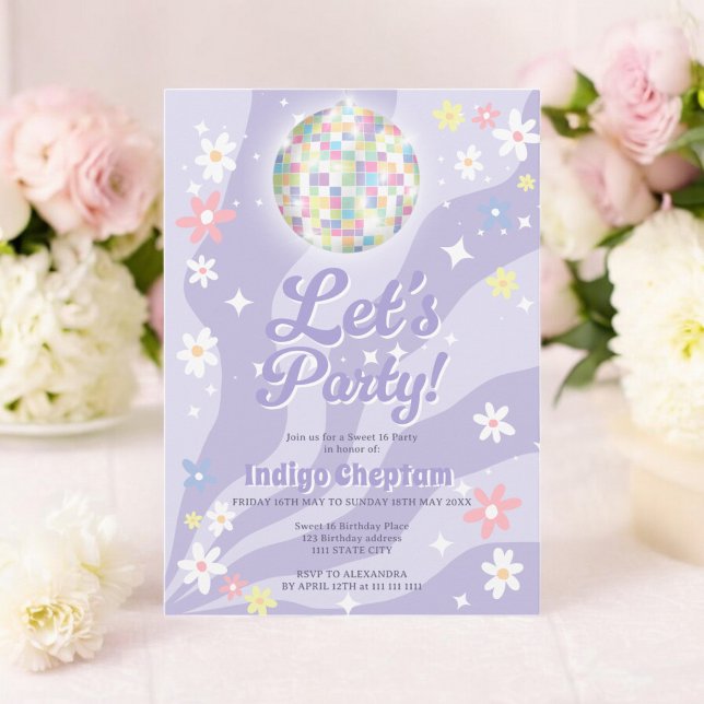 Convites Bola floral da discoteca de Groovy 16 (Groovy retro disco ball 70's floral Sweet 16 Invitation)
