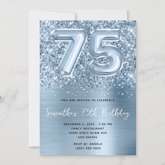 Convites Bola Glam Brillante Azul Aniversário de 75 anos (Frente)
