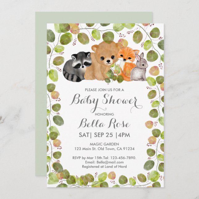 Convites Bolas de Bebê de Animais da Floresta Verde (Frente/Verso)