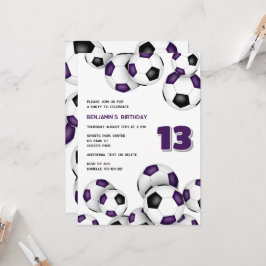 Convites bolas de futebol preto roxo anos raparigas