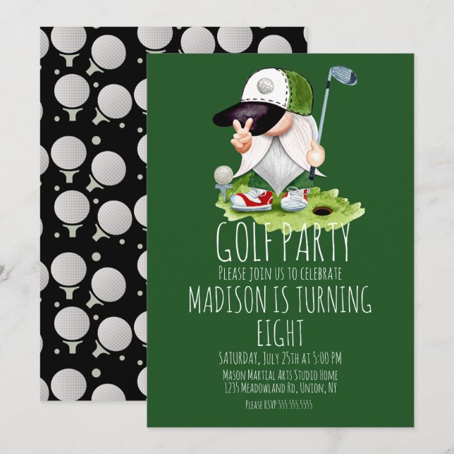 Convites Bolas de Golfe para Crianças Gnome Festa de Aniver (Frente/Verso)