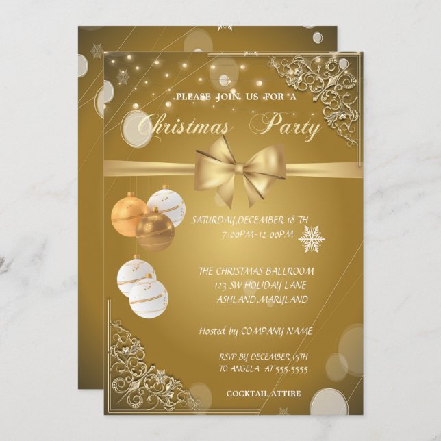 Convites Bolas de Natal, Arco Dourado,Festa de Natal Corpor (Frente/Verso)