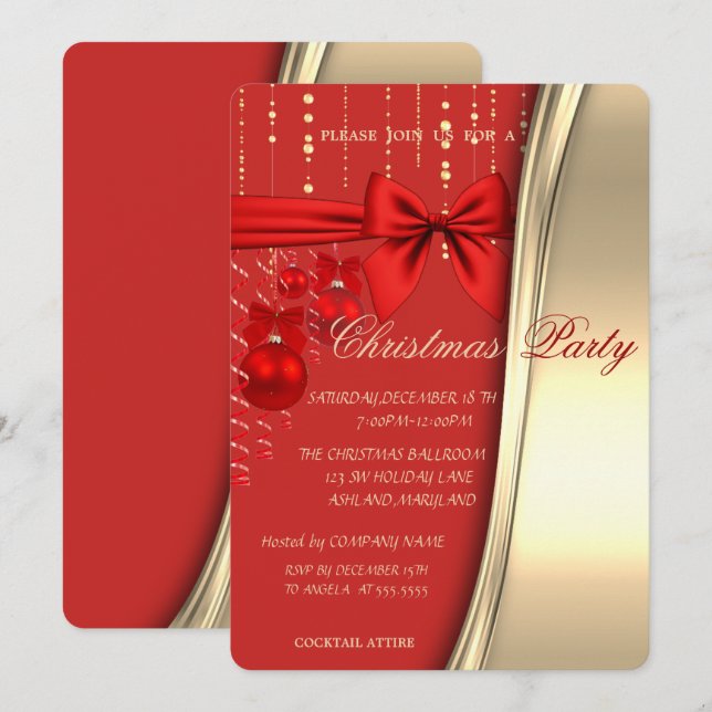 Convites Bolas de Natal, Arco, Vermelho, Dourado Festa Corp (Frente/Verso)