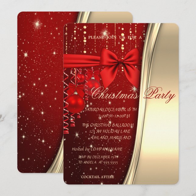 Convites Bolas de Natal, Arco, Vermelho, Dourado Festa Corp (Frente/Verso)