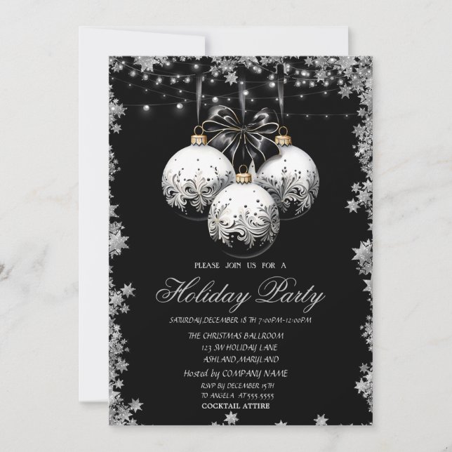 Convites Bolas de Natal Brancas e Pretas Elegantes Estrelas (Frente)