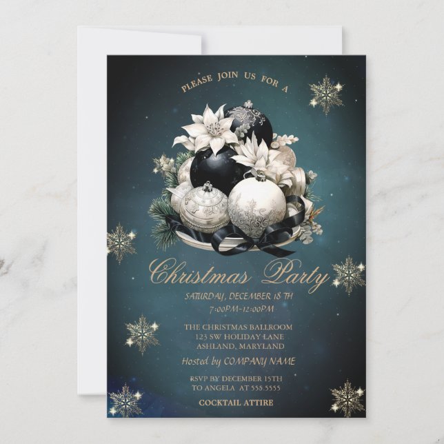 Convites Bolas de Natal Brancas Pretas, Empresa de Flocos d (Frente)