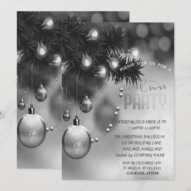 Convites Bolas de Natal Cinza Festa de Natal Corporativa (Frente/Verso)