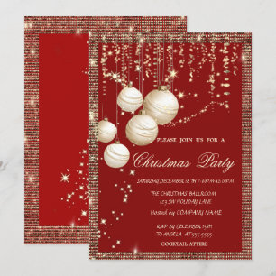 Convites Bolas de Natal Dourado Lantejoulas Quadro Vermelho