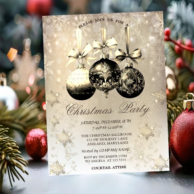 Convites Bolas de Natal Elegantes Flocos de Neve Dourado (Criador carregado)