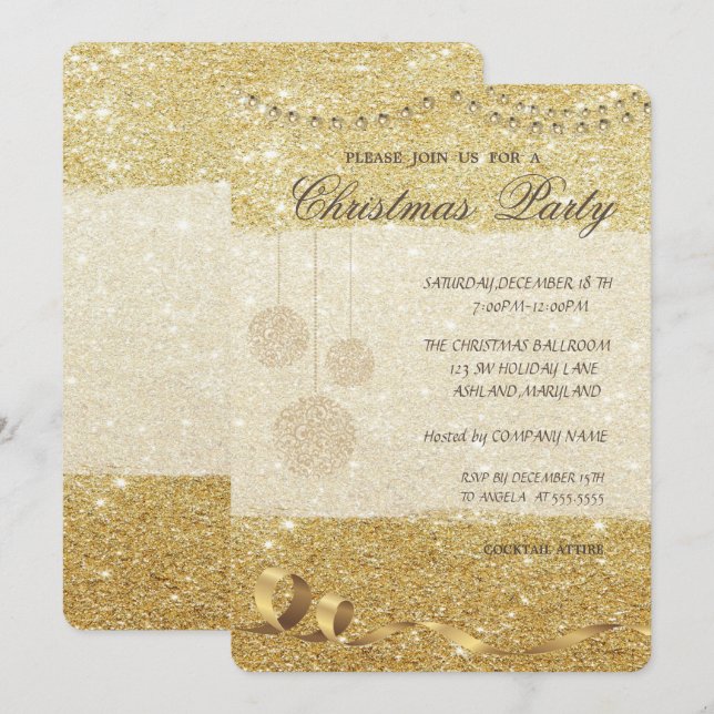 Convites Bolas de Natal Elegantes, Glittery, Festa de Natal (Frente/Verso)