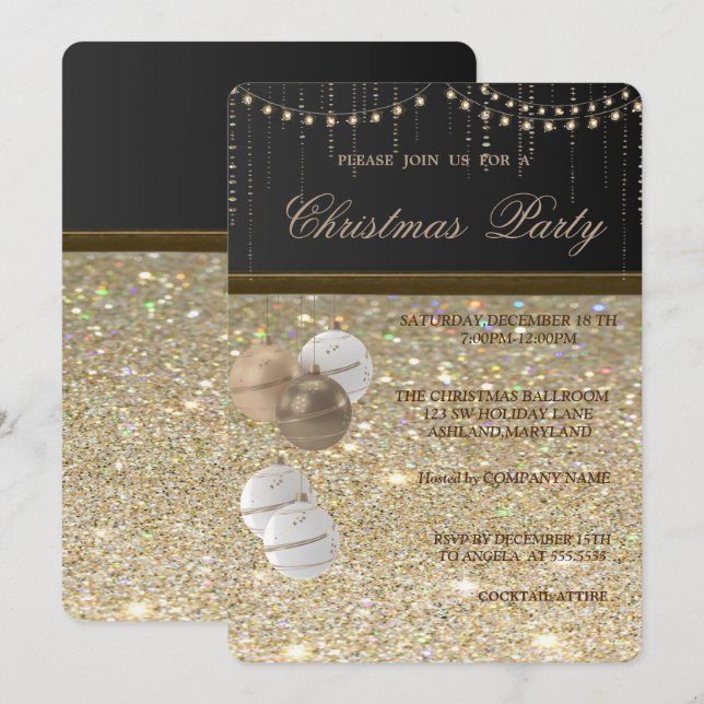 Convites Bolas de Natal Elegantes, Glittery, Festa de Natal (Frente/Verso)