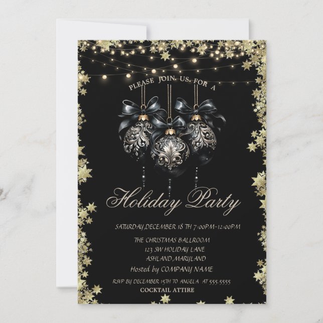 Convites Bolas de Natal Estrelas Douradas Preto Feriado (Frente)
