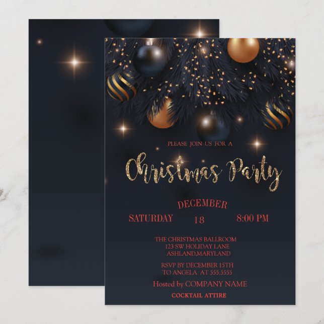 Convites Bolas de Natal Festa da Empresa Preta (Frente/Verso)