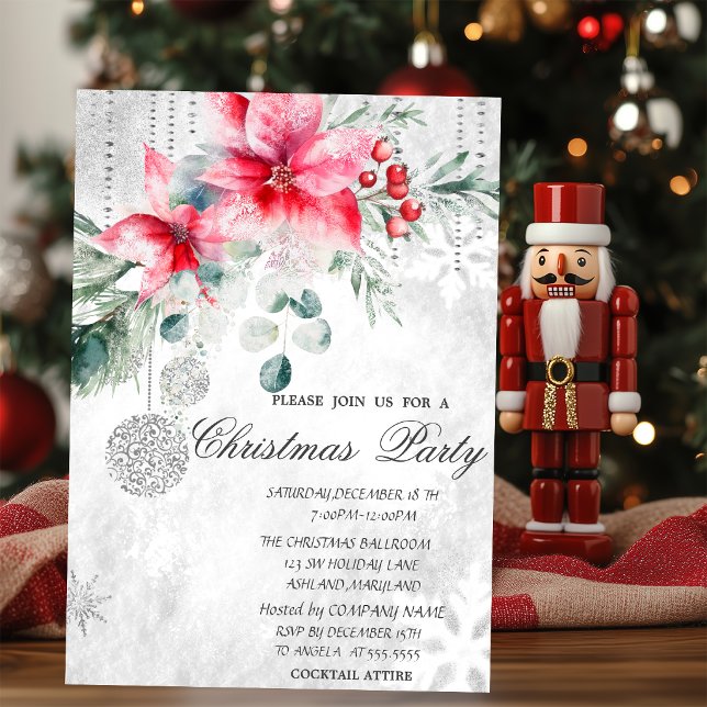Convites Bolas de Natal, Festa de Natal Poinsettia Cinza (Criador carregado)