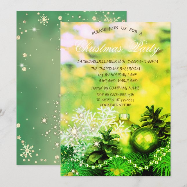 Convites Bolas de Natal Floco de Neve Pinhas Verde (Frente/Verso)