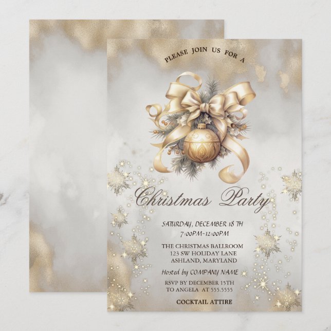 Convites Bolas de Natal Flocos de Neve Toque Dourado (Frente/Verso)