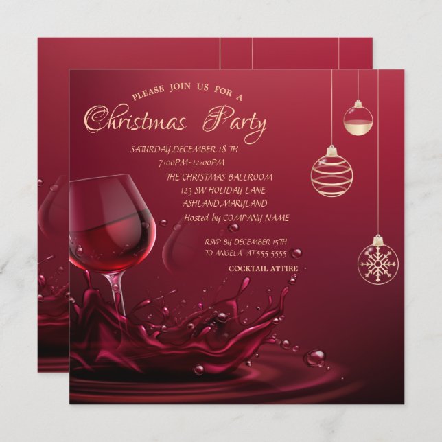 Convites Bolas de Natal, Vidro de Vinho no Natal (Frente/Verso)